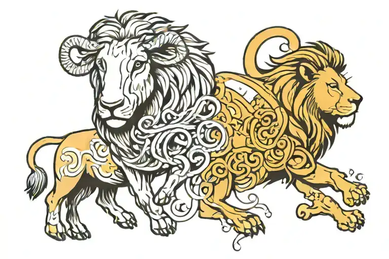 number 31 in the background with half face lamb and half faced lion in front of it tattoo design idea