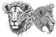  half face lamb and half faced lion head profile holding tattoo design idea