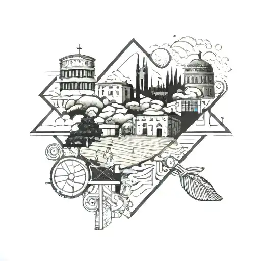 A scenic tattoo of Italy with a volleyball court in the foreground, surrounded by photography equipment and images of loved ones tattoo design idea