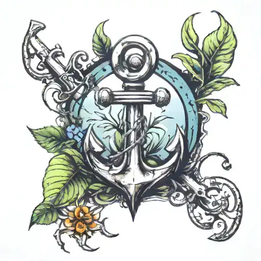Create a detailed tattoo design combining an anchor and elements of nature. The design should feature an anchor at the c tattoo design idea