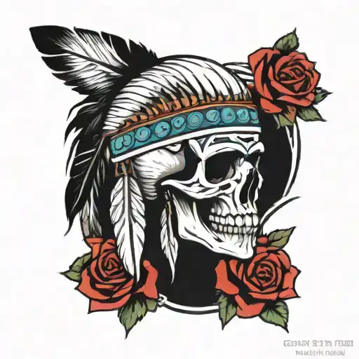 native american skull with roses and feathers falling tattoo design idea