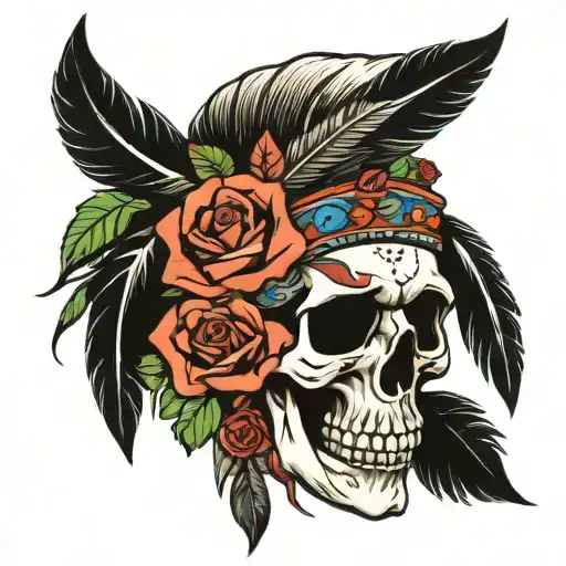 native american skull and roses with feathers falling tattoo design idea