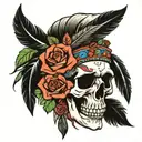 native american skull and roses with feathers falling tattoo design idea