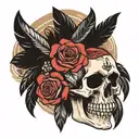 native american skull and roses with feathers falling tattoo design idea