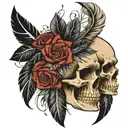 native american skull and roses with feathers falling tattoo design idea