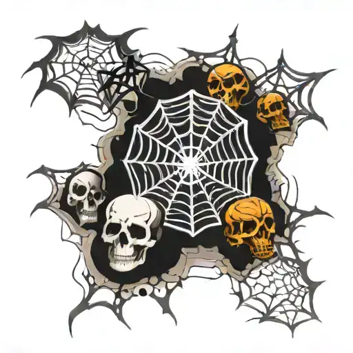 A gothic metal inspired arm tattoo consisting of Spider webs,  and skulls tattoo design idea