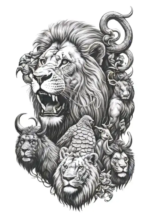 lion goat gorilla rooster elephant playing tattoo design idea