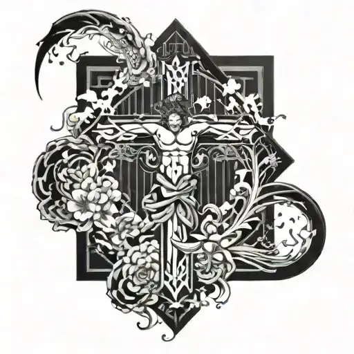 Black out  sleeve and Japanese style with christian cross.  tattoo design idea