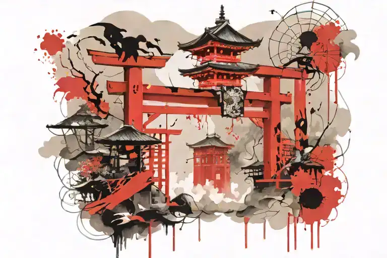 japanese Shrine Gate in fog tattoo design idea