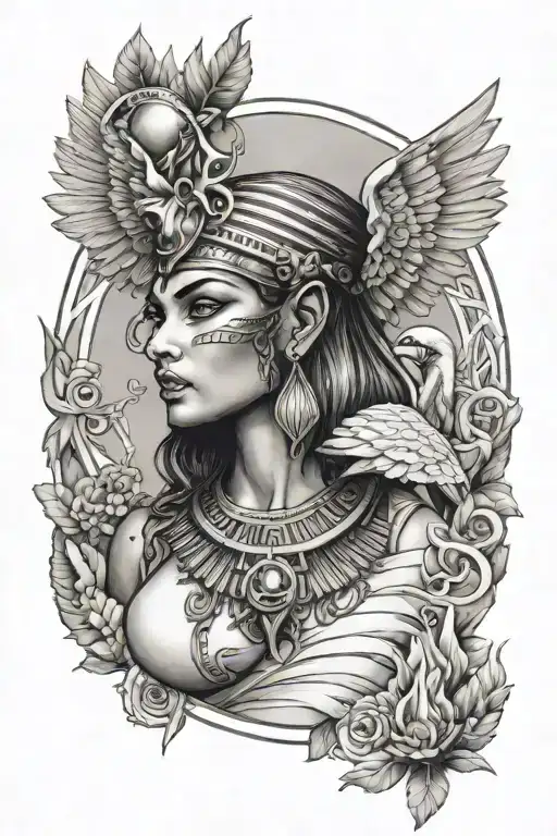 Egyptian goddess surrounded tattoo design idea