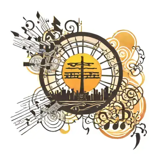 An abstract tattoo design of a sun shining over a cityscape, with musical notes floating in the sky and computer codes intertwined with tree branches, symbolizing the client's diverse interests in jazz, nature, and technology tattoo design idea