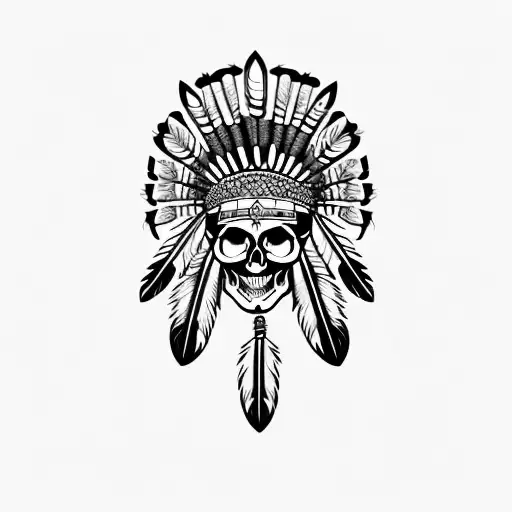 skull indian with feathers in profile tattoo design idea