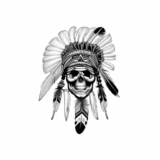 skull indian with feathers tattoo design idea