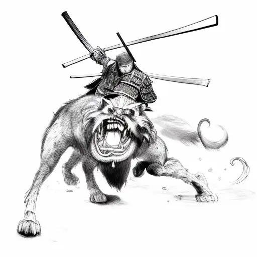 calm samurai taming angry cerberus tattoo design idea