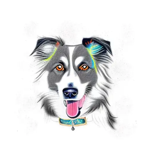 hojas de helechos e higeras con un border collie con la parte de la cara derecha nega y la izquierda blanca tattoo design idea
