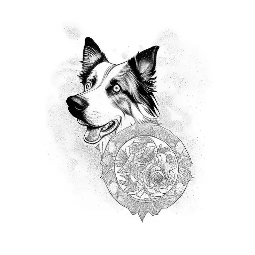 hojas de helechos e higeras con un border collie con la parte de la cara derecha nega y la izquierda blanca tattoo design idea