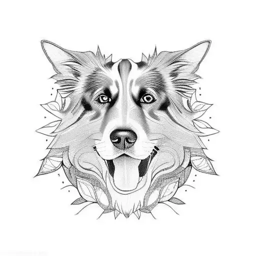 hojas de helechos e higeras con un border collie con la parte de la cara derecha nega y la izquierda blanca tattoo design idea
