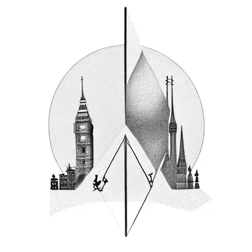 A guitar made up of various landmarks from different countries, symbolizing the client's love for travel and music tattoo design idea