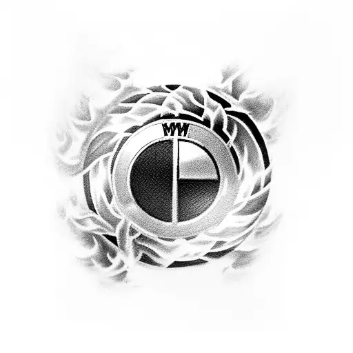 A bold blackwork tattoo showcasing a powerful BMW car surrounded by flames, representing the client's passion for high-performance vehicles and their drive for success in their finance/consulting occupation. tattoo design idea