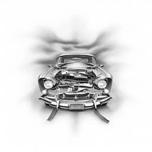 A captivating black-grey tattoo capturing the intensity of a car accident scene, serving as a reminder of the client's resilience and ability to overcome challenges in their finance/consulting career. tattoo design idea