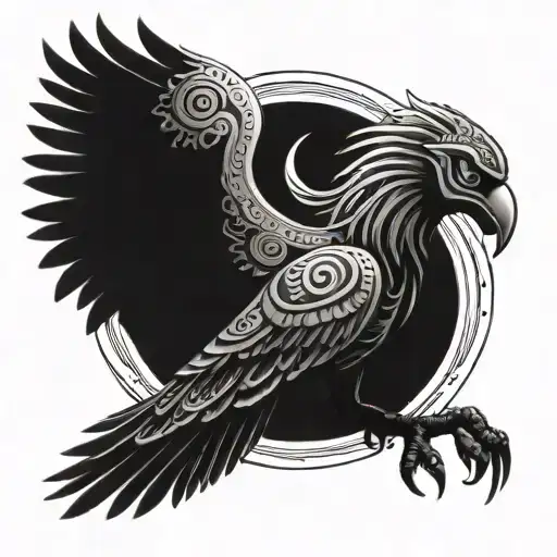 An Aztec-inspired phoenix rising from the ashes with a skull in its beak tattoo design idea