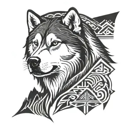 alaskan malamute with mountains tattoo design idea