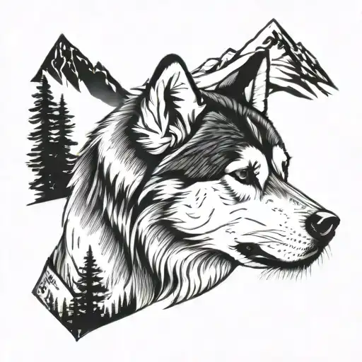 alaskan malamute with mountains tattoo design idea