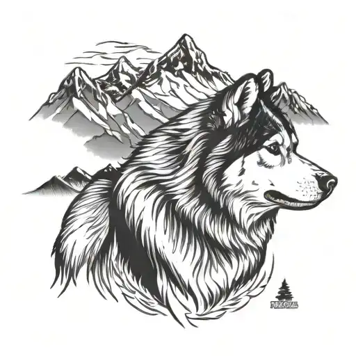 alaskan malamute with mountains tattoo design idea