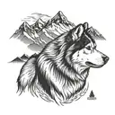 alaskan malamute with mountains tattoo design idea