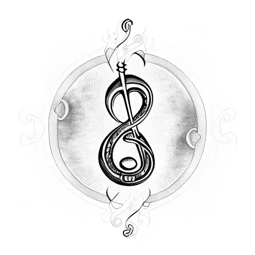 A treble clef intertwined with a heart, surrounded by flames to represent rock music and passion for music tattoo design idea