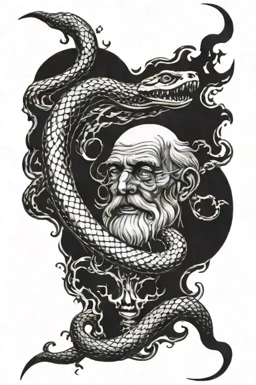 old man and snake fire crescent moon tattoo design idea