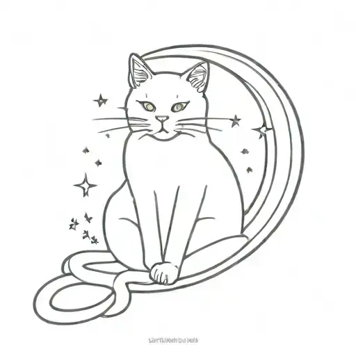 A minimalist design of a cat sitting on a rainbow with a crescent moon in the background woman tattoo design idea