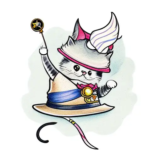 A cute cat wearing a wizard hat and holding a magic wand tattoo design idea