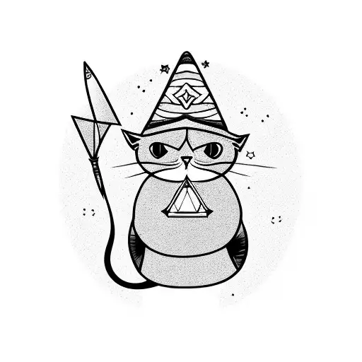 A cute cat wearing a wizard hat and holding a magic wand tattoo design idea
