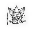 A cute cat wearing a wizard hat and holding a magic wand tattoo design idea