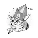 A cute cat wearing a wizard hat and holding a magic wand tattoo design idea