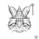 A cute cat wearing a wizard hat and holding a magic wand tattoo design idea