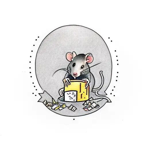 a rat holding a block of Brie cheese in front of a burning garbage can tattoo design idea