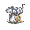 a rat holding a block of Brie cheese in front of a burning garbage can tattoo design idea