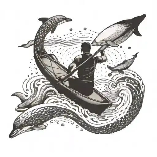 A dotwork tattoo of a kayaker exploring the beautiful waters of New Zealand, with a pod of dolphins swimming alongside tattoo design idea