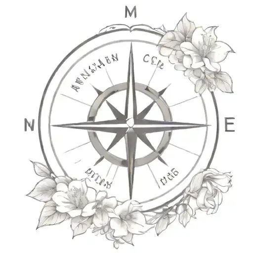 A black-grey design of a compass with the coordinates of Michigan, surrounded by delicate lilies and apple blossoms, symbolizing your exchange year and new beginnings tattoo design idea