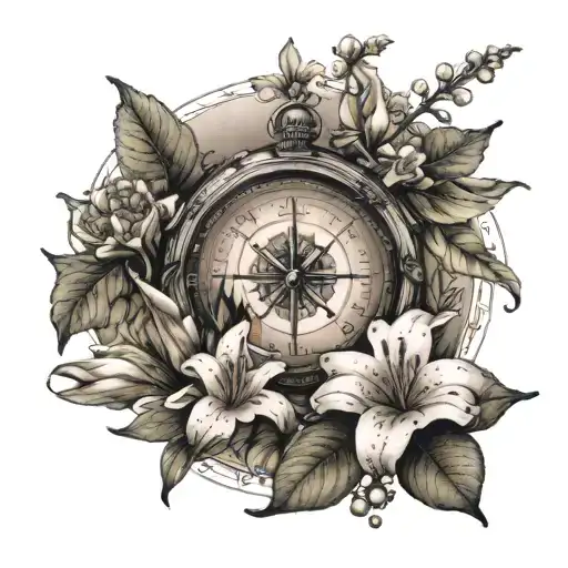 A unique tattoo combining elements of Michigan's landscape, such as lilies and apple blossoms, with a compass as a focal point tattoo design idea