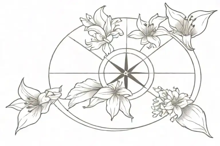 A minimalist design of a compass surrounded by lilies and apple blossoms, symbolizing new beginnings and exploration tattoo design idea
