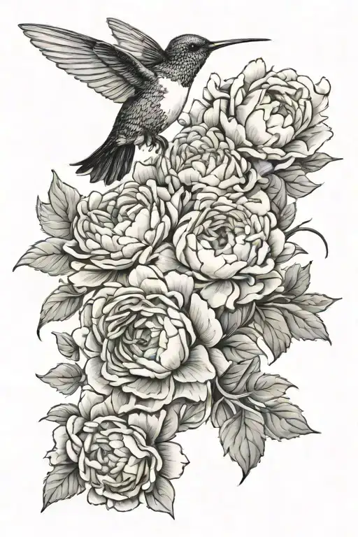 peonies, geraniums, roses, hydrangeas intertwined with a hummingbird tattoo design idea