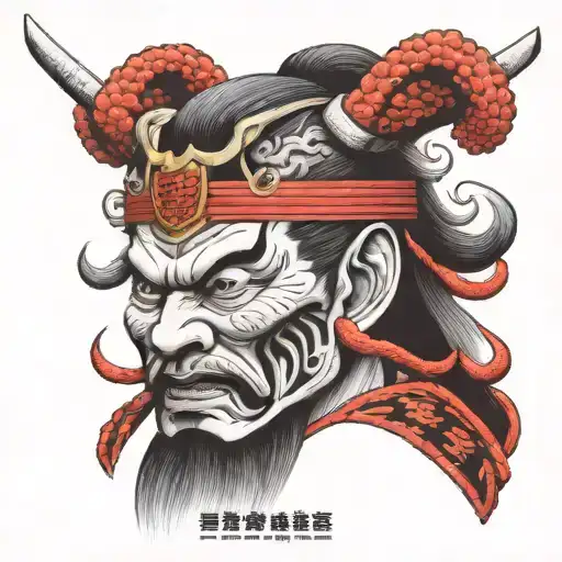 a samurai head, one half is good and the other half is evil von vorne nicht seitlich tattoo design idea