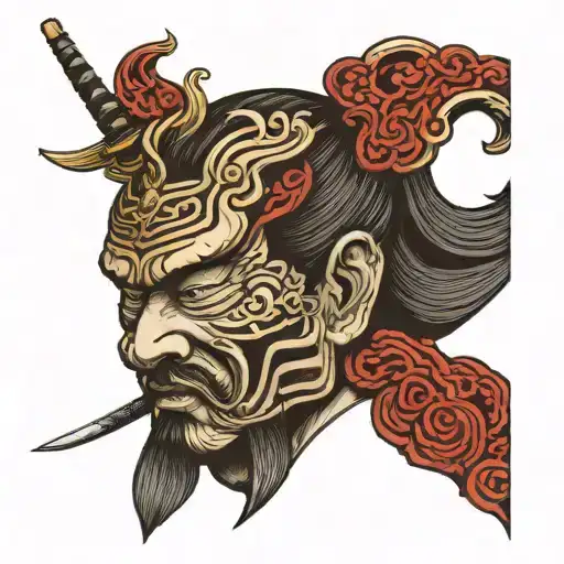 a samurai head, one half is good and the other half is evil tattoo design idea