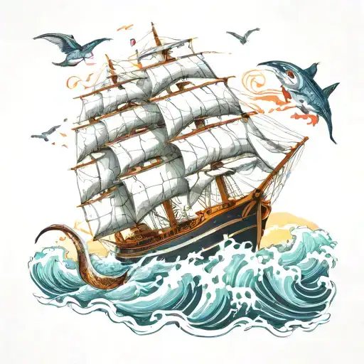 A majestic clipper ship sailing on rough waters, surrounded by a school of tuna fish tattoo design idea