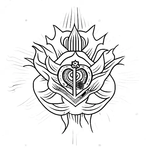 A sacred heart with rays of sun and white lilies in a Mexican folklore style tattoo design idea