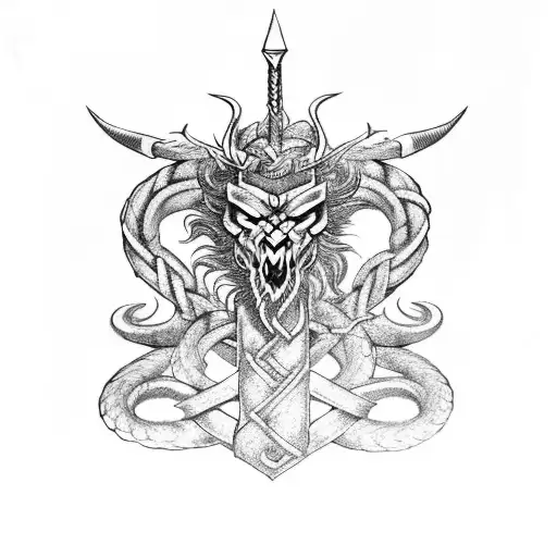 A mythical Viking dragon intertwined with Thor's hammer tattoo design idea