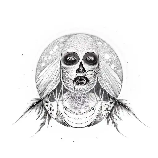 goth hooded woman holding crystal ball with black hidden in crow feathers  tattoo design idea